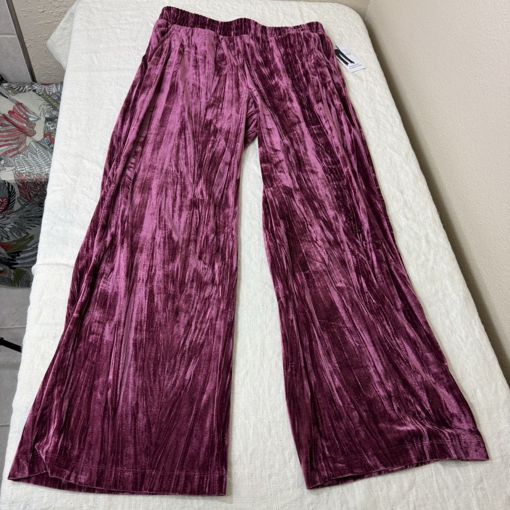Women's Mauve Pink Crushed Velvet Pants Wide Leg Size L Pockets Comfy Boho Glam
